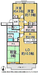 フローラルシティ西の原二丁目団地2-3-8号棟 3SLDKの間取図画像