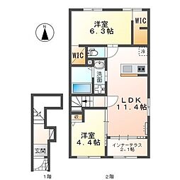 名古屋市北区西味鋺5丁目アパート 2LDKの間取図画像