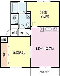 パイン・ウッド 2LDKの間取図画像