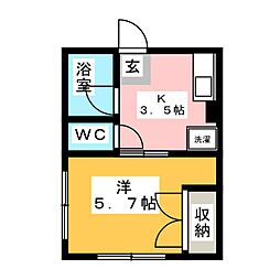 シティハイム若葉 1階1Kの間取り