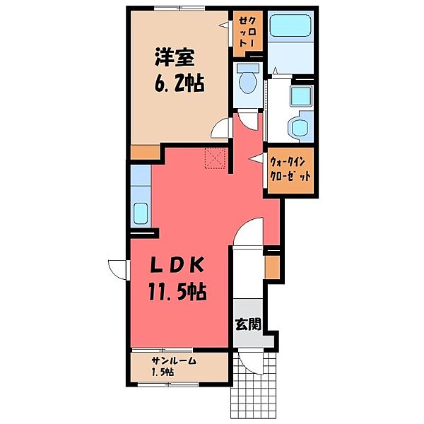 カーサエテルノ C ｜栃木県小山市西城南5丁目(賃貸アパート1LDK・1階・43.61㎡)の写真 その2