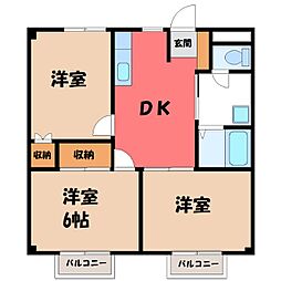 JR東北本線 小山駅 4.5kmの賃貸アパート 2階3DKの間取り