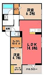 宇都宮市天神1丁目アパート 2LDKの間取図画像
