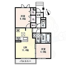 mimosa seta 1階2LDKの間取り