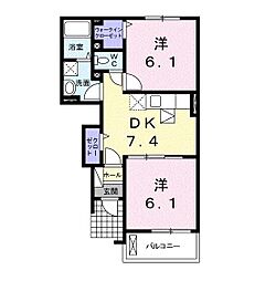 プルメリアガーデンC 2DKの間取図画像