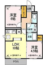 JR南武線 西府駅 徒歩16分の賃貸アパート 1階2LDKの間取り