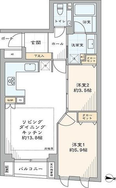 専有面積54.73m2、2LDKの間取りです。室内はユナイテッドアローズ社監修リノベーションが施され、細部にまでこだわりの感じられる空間に仕上がりました。