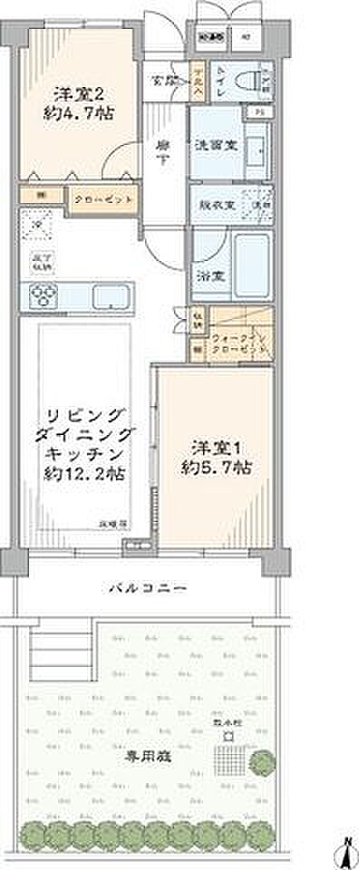 専有面積約54.08m2・2LDK・南向きの1階で約29m2の専用庭付き住戸です。室内は間取りから見直し新規リノベーションを施しました。