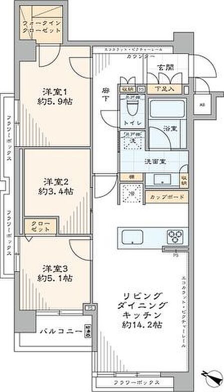 専有面積約67.92m2・南西向き・角住戸・3LDKの室内新規リノベーション済のお部屋です。WICやトランクルーム付(無償)で居室部分を広々とお使いいただけます。