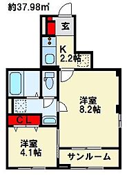 JR鹿児島本線 笹原駅 徒歩19分の賃貸アパート 1階1LDKの間取り