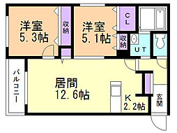 プレジャー南13条 2LDKの間取図画像