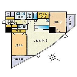 S-FORT警固タワー 2LDKの間取図画像