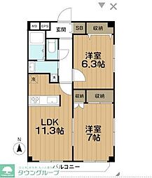 京王井の頭線 永福町駅 徒歩21分の賃貸マンション 3階2LDKの間取り