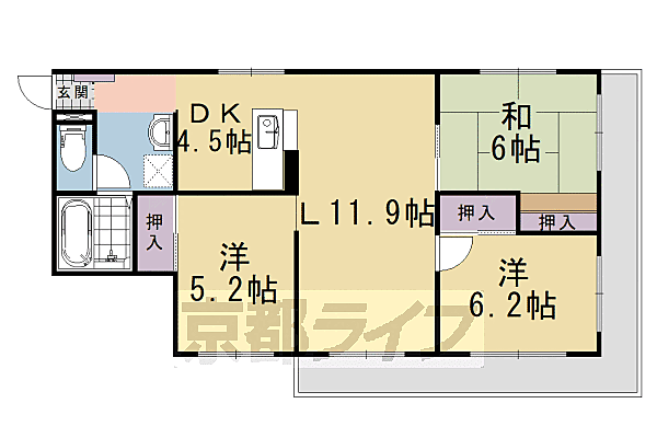 京都府長岡京市今里新池(賃貸マンション3LDK・1階・73.00㎡)の写真 その2