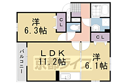 JR東海道・山陽本線 長岡京駅 徒歩29分の賃貸アパート 1階2LDKの間取り