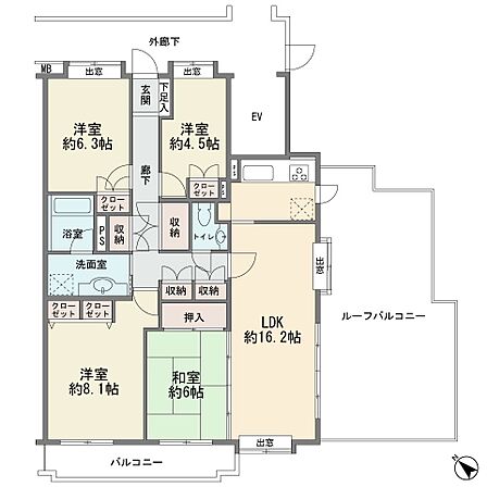 最上階の東南南西角部屋です ルーフバルコニー34.33平米 大型4LDK 現況空室 エレベータ有り オートロック 宅配ボックス 新耐震基準
