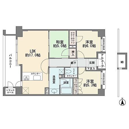 3階部分の西向き ワイドバルコニー カウンターキッチン ウォークインクロゼット 3LDK 現況空室 新耐震基準