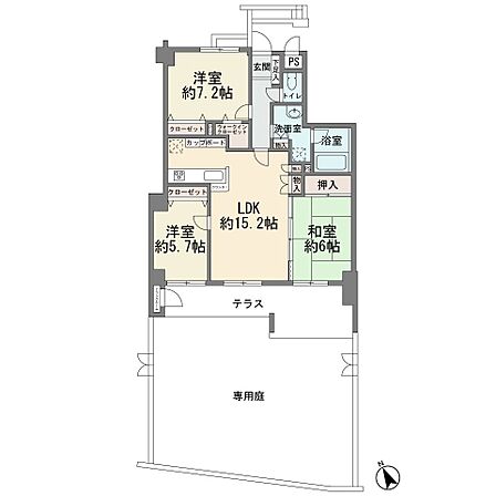 1階部分の南向き 専用庭53.61平米 テラス14.62平米 ウォークインクロゼット トランクルーム 3LDK 現況空室 オートロック 宅配ボックス 床暖房 平成13年5月築 新耐震基準