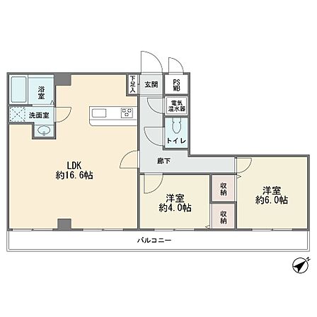 4階部分の全室東南向き　ワイドバルコニー　カウンターキッチン　全室フローリング　ＬＤＫ16．6帖　2ＬＤＫ　大京アステージへの委託管理