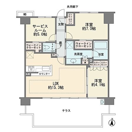 1階部分の南向き テラス20.66平米 カウンターキッチン LDK15.3帖 ウォークインクロゼット シューズインクローク 2LDK+サービスルーム5帖 2020年1月築 総戸数79戸 ペット飼育可…