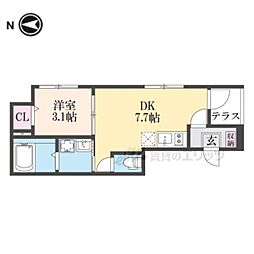 JR山陰本線 円町駅 徒歩7分の賃貸アパート 1階1DKの間取り