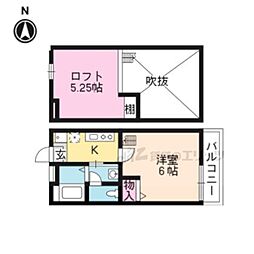 京都市営烏丸線 今出川駅 徒歩20分の賃貸マンション 2階1Kの間取り