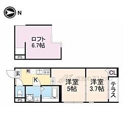 ハーモニーテラスフォース椥辻 1DKの間取図画像
