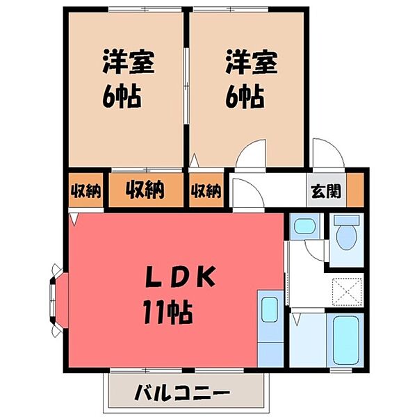 ロジュアンリュミエール D ｜栃木県宇都宮市鶴田町(賃貸アパート2LDK・1階・52.84㎡)の写真 その2