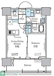 都営大江戸線 勝どき駅 徒歩13分の賃貸マンション 13階1LDKの間取り