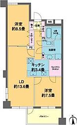 JR京浜東北・根岸線 高輪ゲートウェイ駅 徒歩8分の賃貸マンション 6階2LDKの間取り