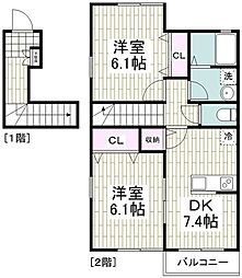 西鶴間KIガーデンズ壱番館 2DKの間取図画像