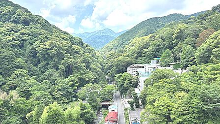 【眺望】緑豊かな山並みを望み、心地よい川のせせらぎを感じられます。