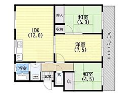 名谷6団地31号棟 3LDKの間取図画像