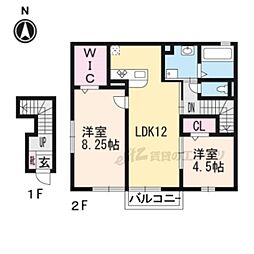 JR湖西線 唐崎駅 徒歩11分の賃貸アパート 2階2LDKの間取り