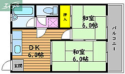 JR吉備線 大安寺駅 徒歩25分の賃貸アパート 2階2DKの間取り