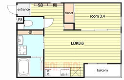 Glicina東園田lindo(グリシーナ東園田リンド) 302 3階1LDKの間取り