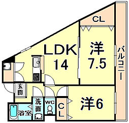 ラムール武庫之荘2 2LDKの間取図画像