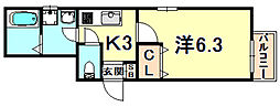 クレセント西代 1Kの間取図画像