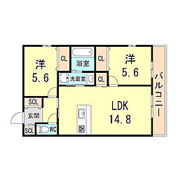 HK磯馴 2LDKの間取図画像