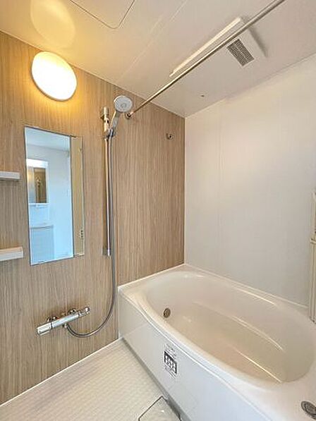 落ち着きのあるデザインのバスルーム。湯船に浸かりながら、一日の疲れを穏やかに癒やすひとときを。日々の喧騒を忘れ、心身ともにゆったりとリフレッシュできる寛ぎ空間です。
