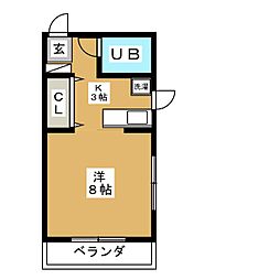 東急目黒線 西小山駅 徒歩13分の賃貸マンション 2階ワンルームの間取り