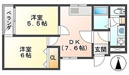 ローズコート富松 2DKの間取図画像