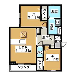 カーサウェスト 2LDKの間取図画像