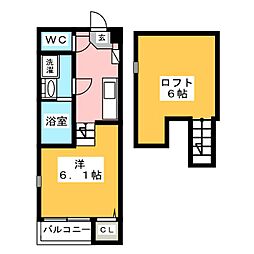 ハーモニーテラス荒中町II 2階1Kの間取り