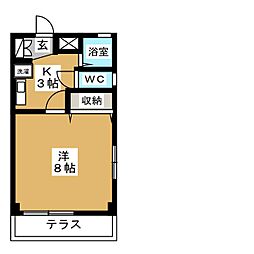 コーポプリデール 1階1Kの間取り