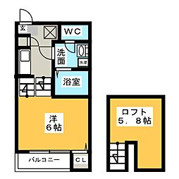 ハーモニーテラス元八事III 2階1Kの間取り