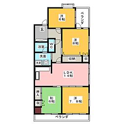 三旺マンション第3植田 2階4LDKの間取り