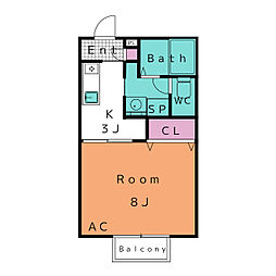 ディアス鴨田 2階1Kの間取り