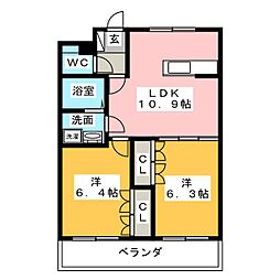 パピヨン 2階2LDKの間取り