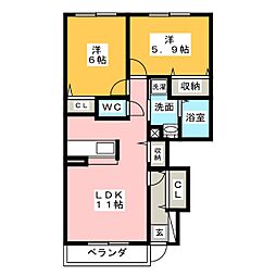 サニーサイドハイツB 2LDKの間取図画像